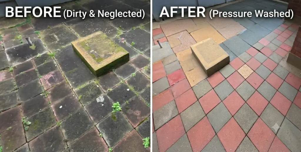 Before and after paver patio pressure washing showing dirt and moss removal in Jacksonville, FL