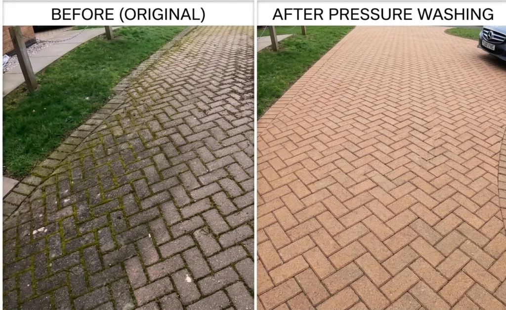 Moss covered paver patio before cleaning in Jacksonville
